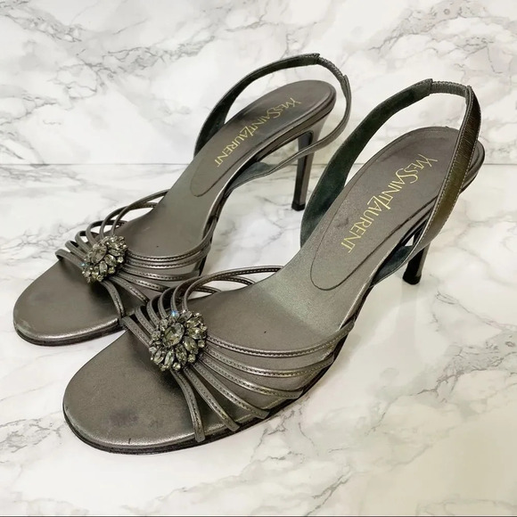 Yves Saint Laurent Grey Silver Leather Crystal Embellishment Heels Size 8 - Picture 4 of 9